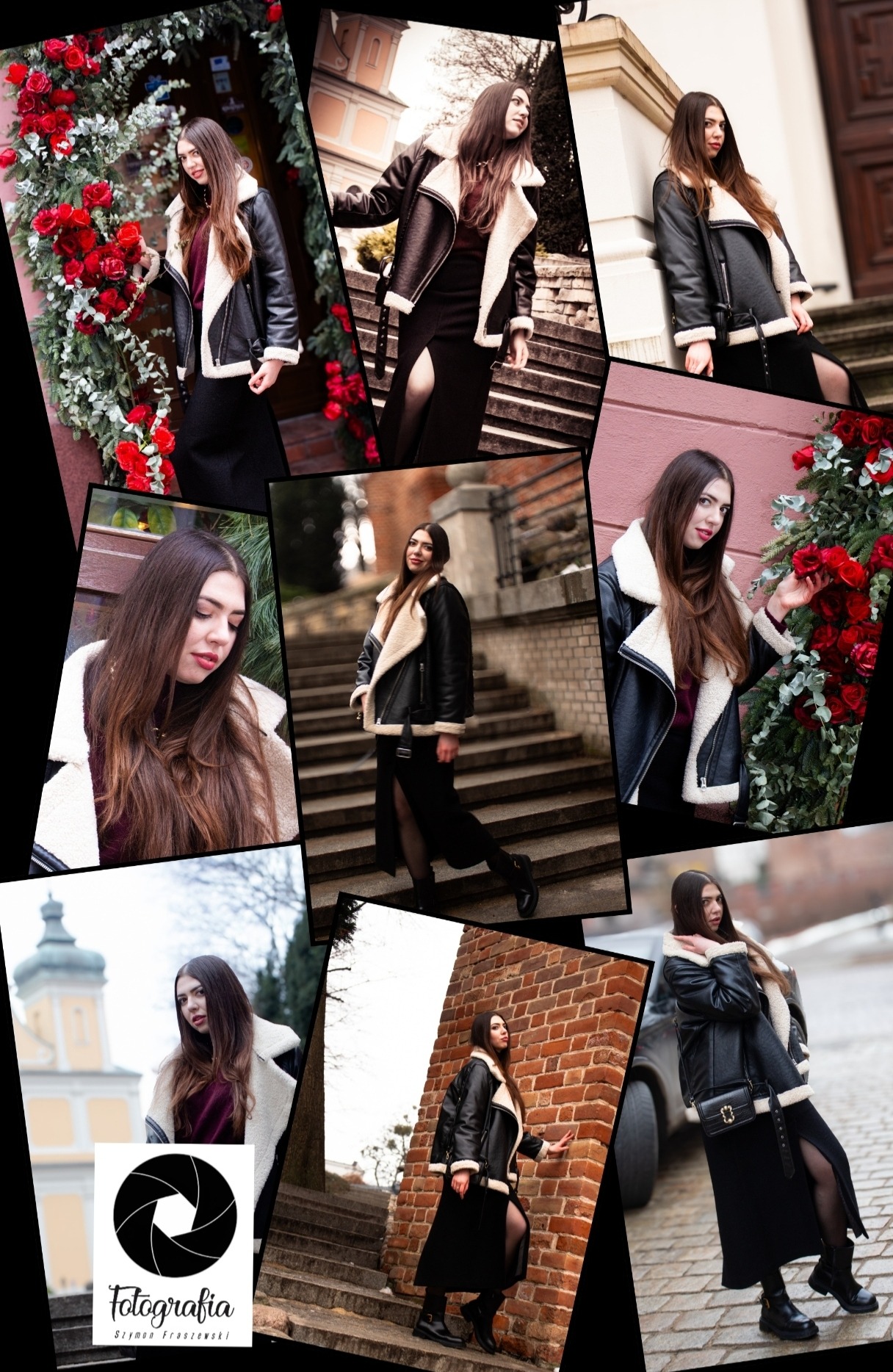 Kolaż zdjęć młodej kobiety w czarnej kurtce z futerkiem, pozującej na tle architektury miejskiej i dekoracji kwiatowych.