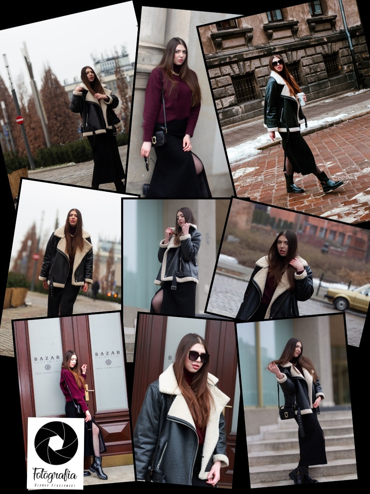 Kolaż zdjęć kobiety w czarnej kurtce z białym futerkiem, ciemnej spódnicy z rozcięciem i botkach, pozującej w różnych miejskich lokacjach.