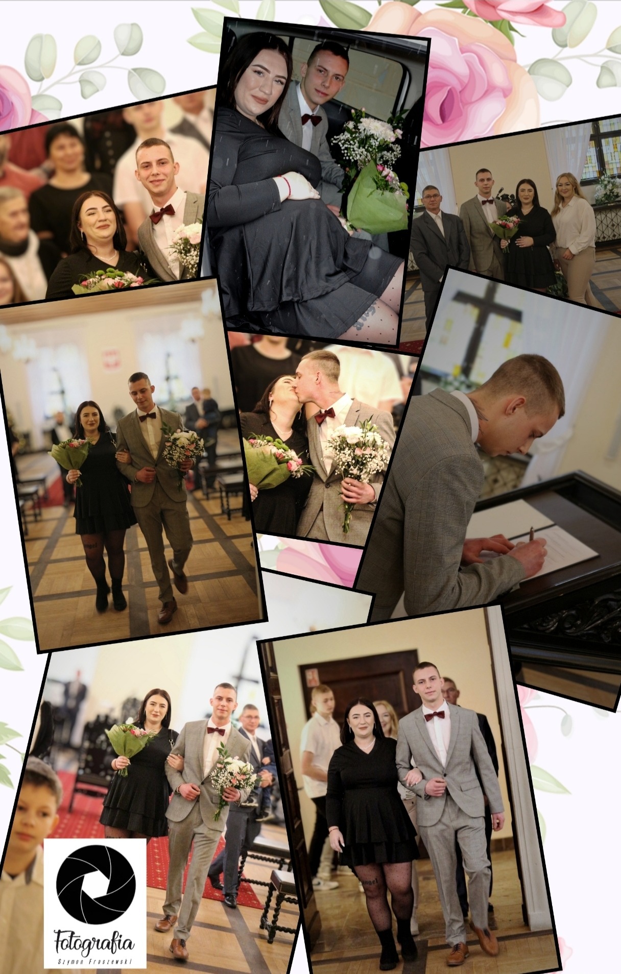 Kolaż zdjęć z uroczystości: para młoda w różnych ujęciach - wejście, pocałunek, podpisanie dokumentów, pozowanie z gośćmi. Mężczyzna w szarym garniturze z bordową muchą, kobieta w czarnej sukience.
