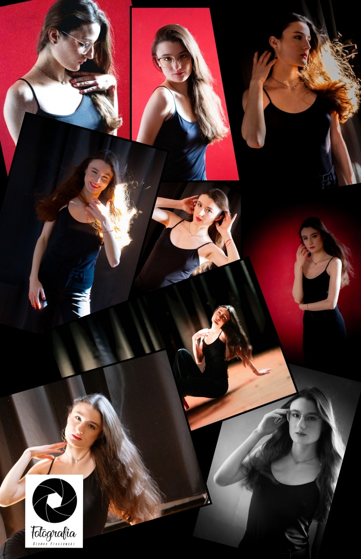 Kolaż portretowy młodej kobiety w różnych pozach i stylizacjach, na czerwonym i ciemnym tle, z logo fotografa w lewym dolnym rogu.