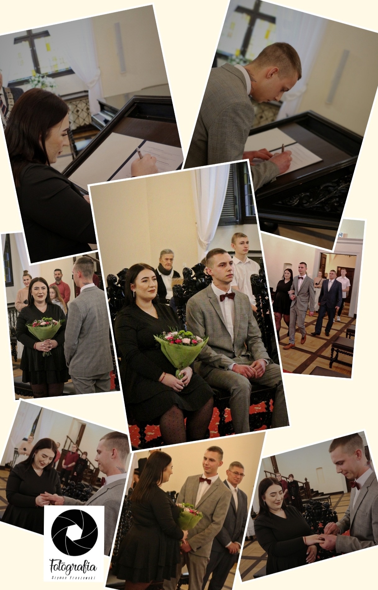 Kolaż zdjęć z uroczystości ślubnej: para podpisuje dokumenty, wymienia obrączki, pozuje z bukietami na tle gości.