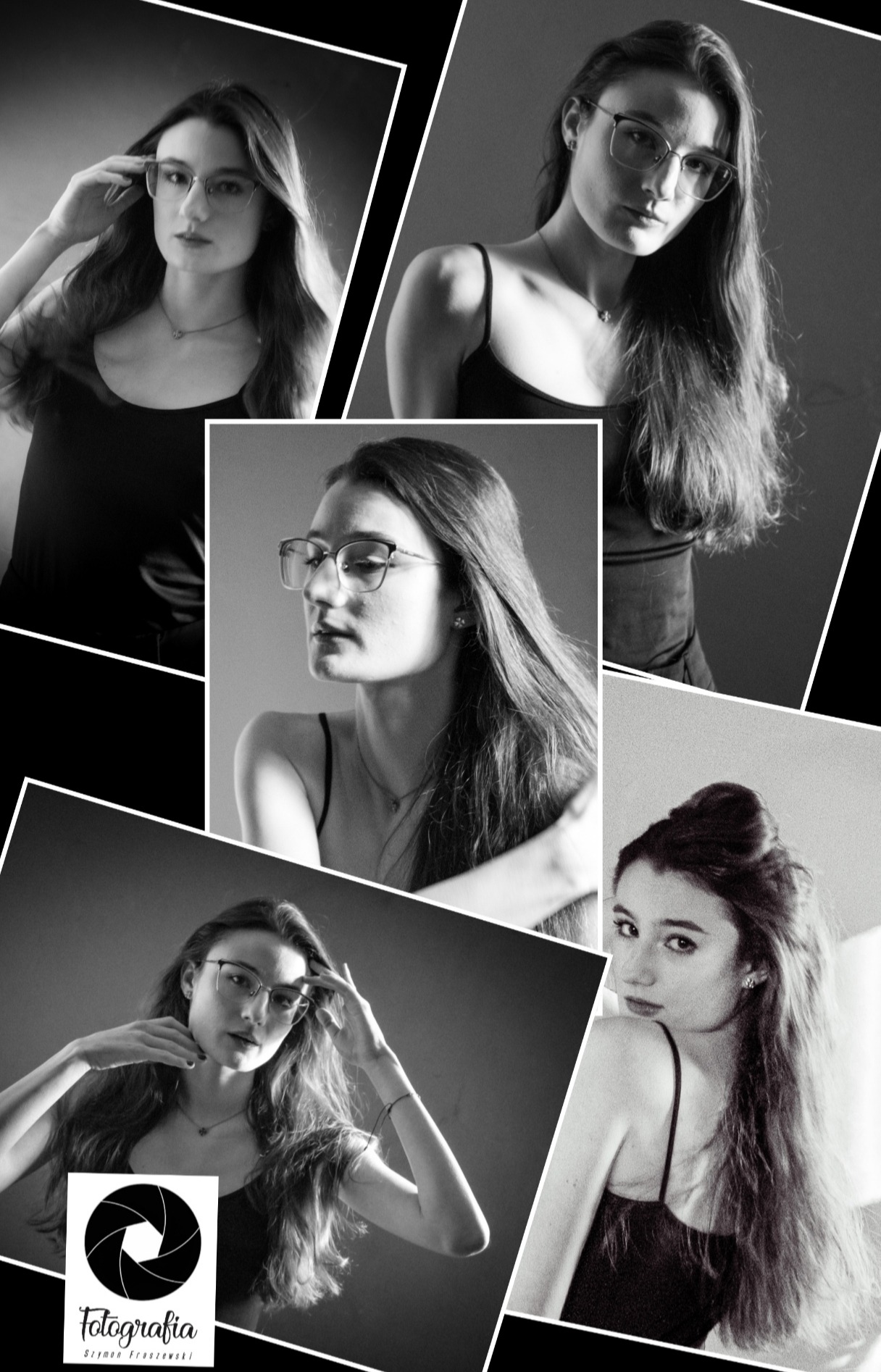 Czarno-biały kolaż portretowy młodej kobiety w okularach, prezentujący różne ujęcia i pozy, z logo fotografa w lewym dolnym rogu.