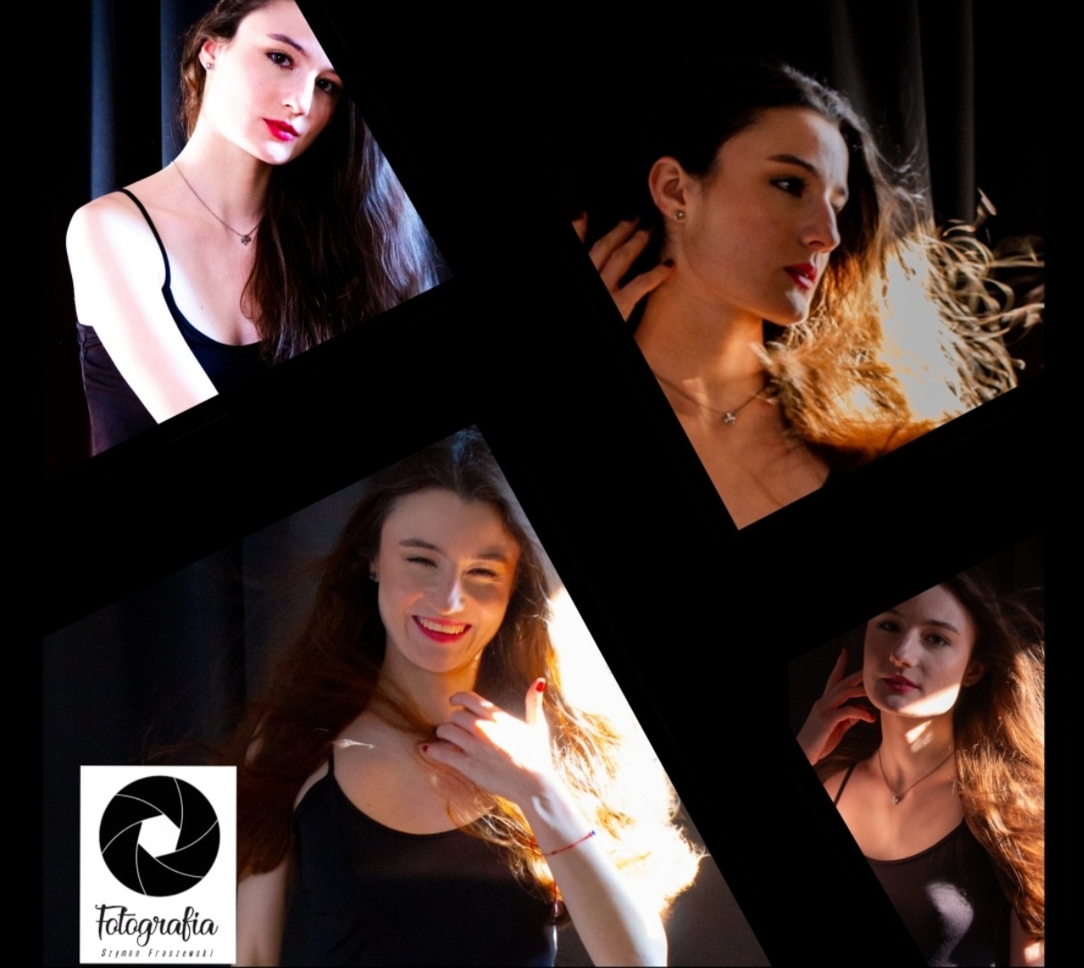 Kolaż portretowy młodej kobiety z ciemnymi włosami, różne ujęcia w czarnym topie na ciemnym tle, z logo fotografa w lewym dolnym rogu.