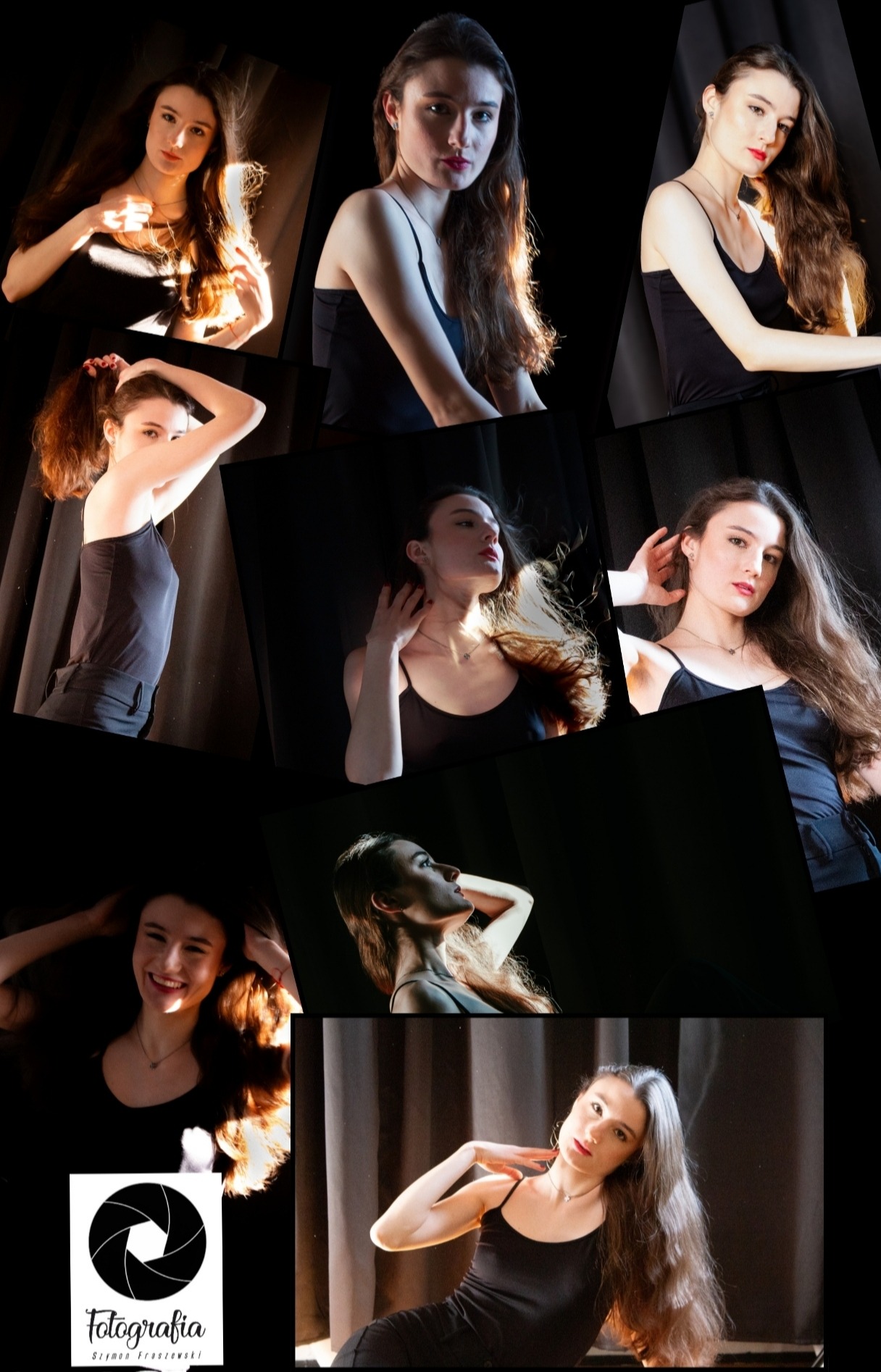 Kompilacja portretów młodej kobiety w czarnym topie na ciemnym tle, z różnym oświetleniem i pozami, uzupełniona o logo fotografa w lewym dolnym rogu.