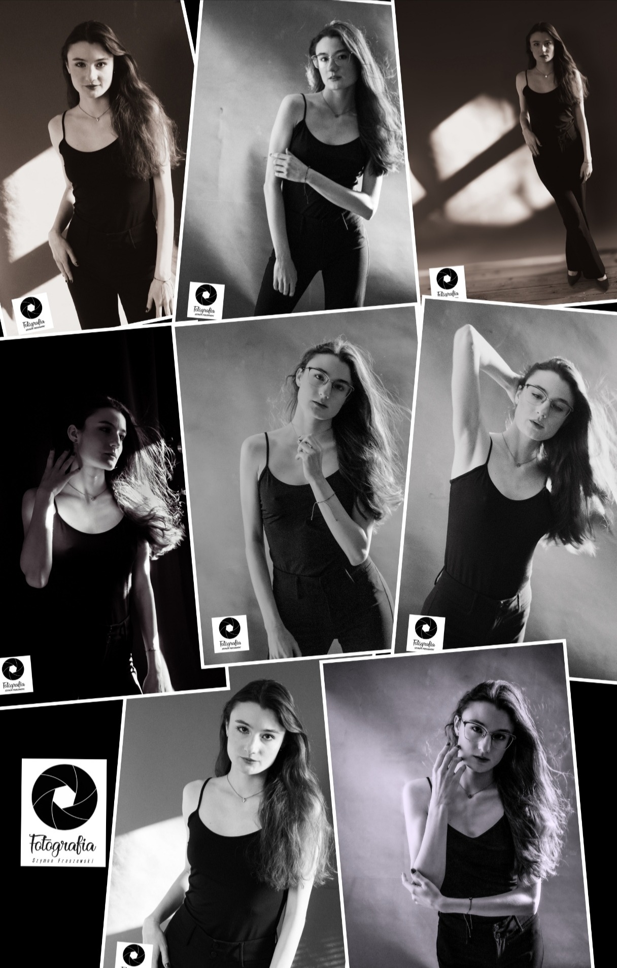 Czarno-biała kompozycja z kolażem portretów młodej kobiety w różnych pozach i ujęciach, z logo fotografa w każdym rogu. Kobieta ubrana w czarny top i spodnie, z długimi włosami, w niektórych...