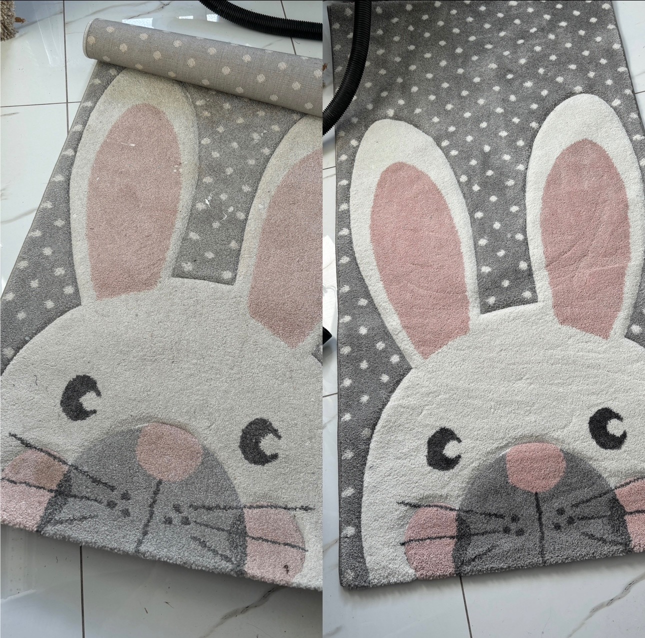 Dywan dziecięcy z motywem królika, część zwinięta, widoczne ślady czyszczenia parowego i odkurzacz