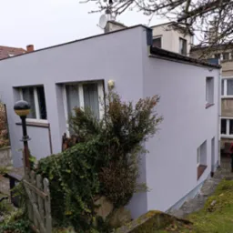 Świeżo pomalowana na szaro elewacja budynku z widocznym wejściem do piwnicy, zarośniętym roślinnością, oraz fragmentem drewnianego płotu.