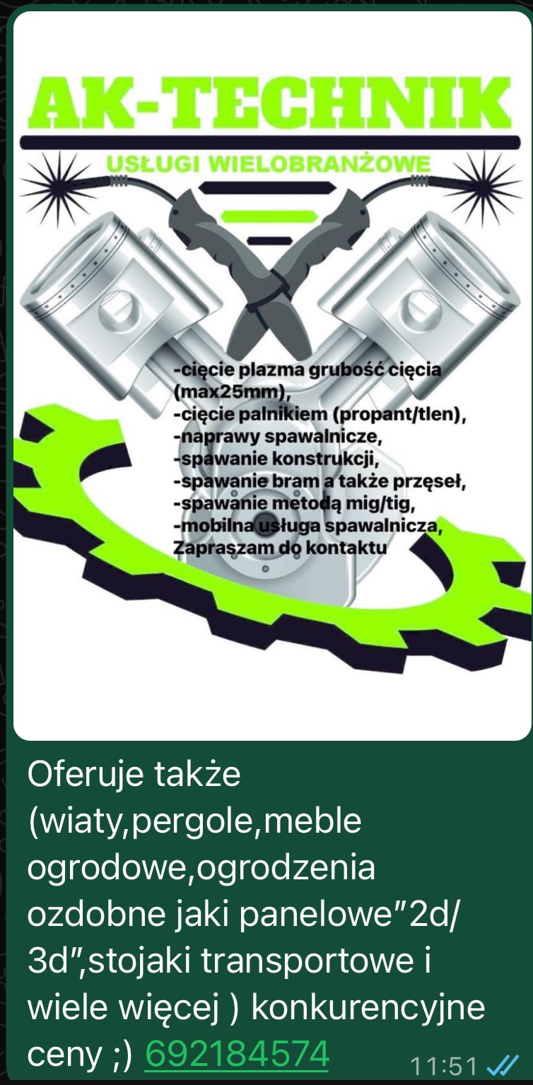 Grafika reklamowa firmy AK-Technik oferującej usługi spawalnicze, cięcie plazmą i palnikiem, naprawy spawalnicze, spawanie konstrukcji, bram, przęseł metodą MIG/TIG.