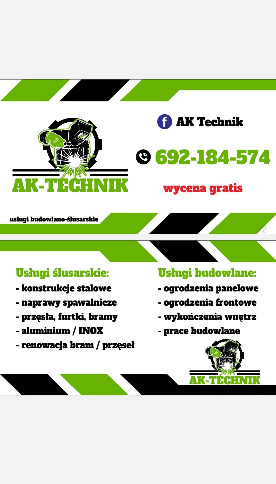 Wizytówka firmy AK-Technik oferującej usługi ślusarskie i budowlane: konstrukcje stalowe, ogrodzenia panelowe, wykończenia wnętrz, naprawy spawalnicze i renowacje bram.