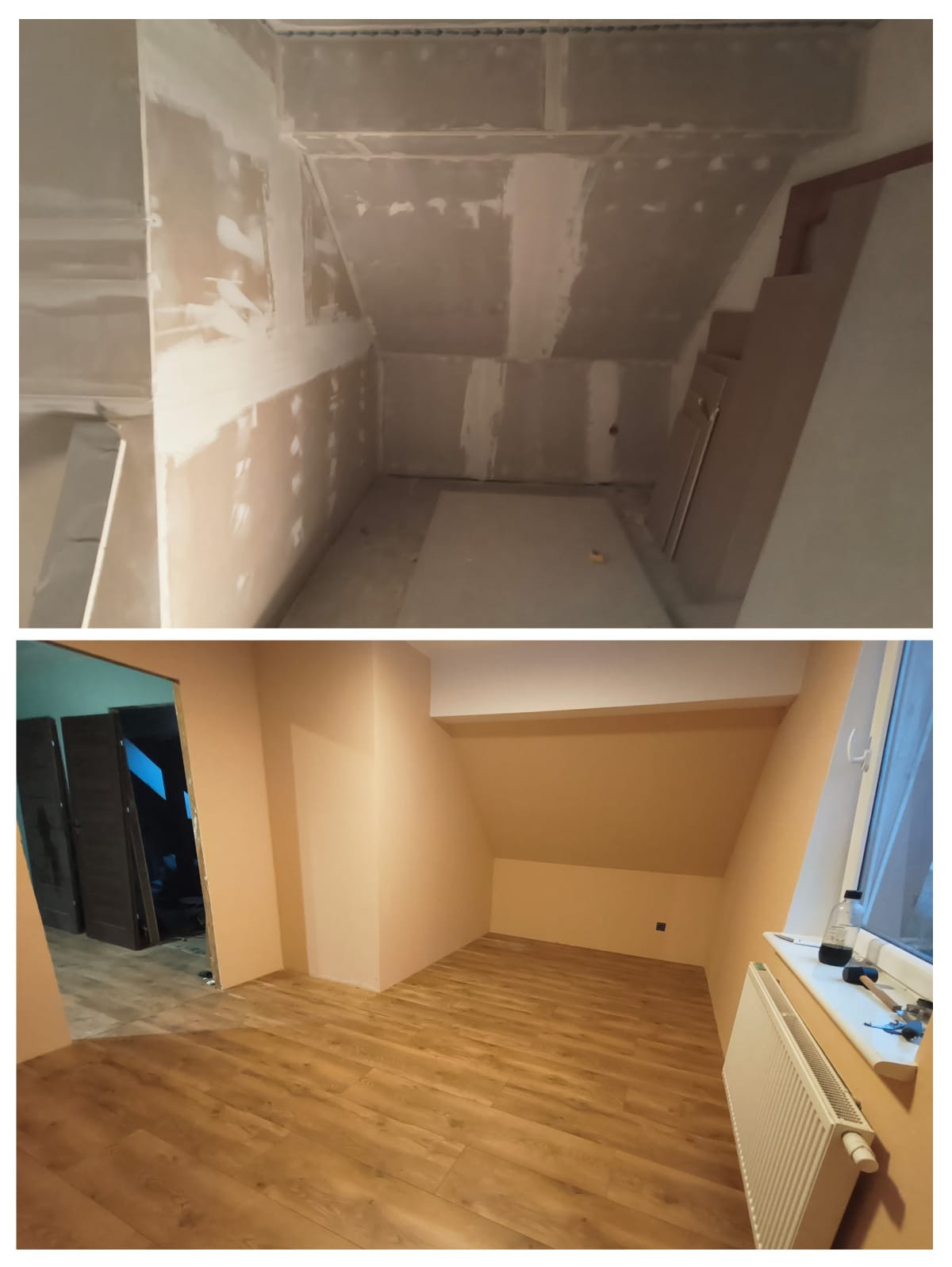 Przed i po: Adaptacja poddasza w Poznaniu, ściany z płyt kartonowo-gipsowych przed szpachlowaniem i po malowaniu na ciepły odcień, widoczna drewniana podłoga.