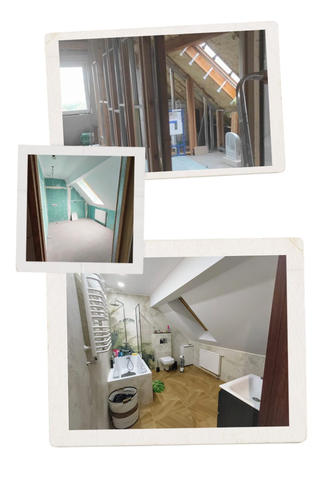 Kolaż zdjęć przedstawiający etapy adaptacji poddasza na łazienkę: surowe krokwie i metalowa konstrukcja ścian, ściany z płyt kartonowo-gipsowych przed malowaniem oraz gotowa łazienka z wanną...