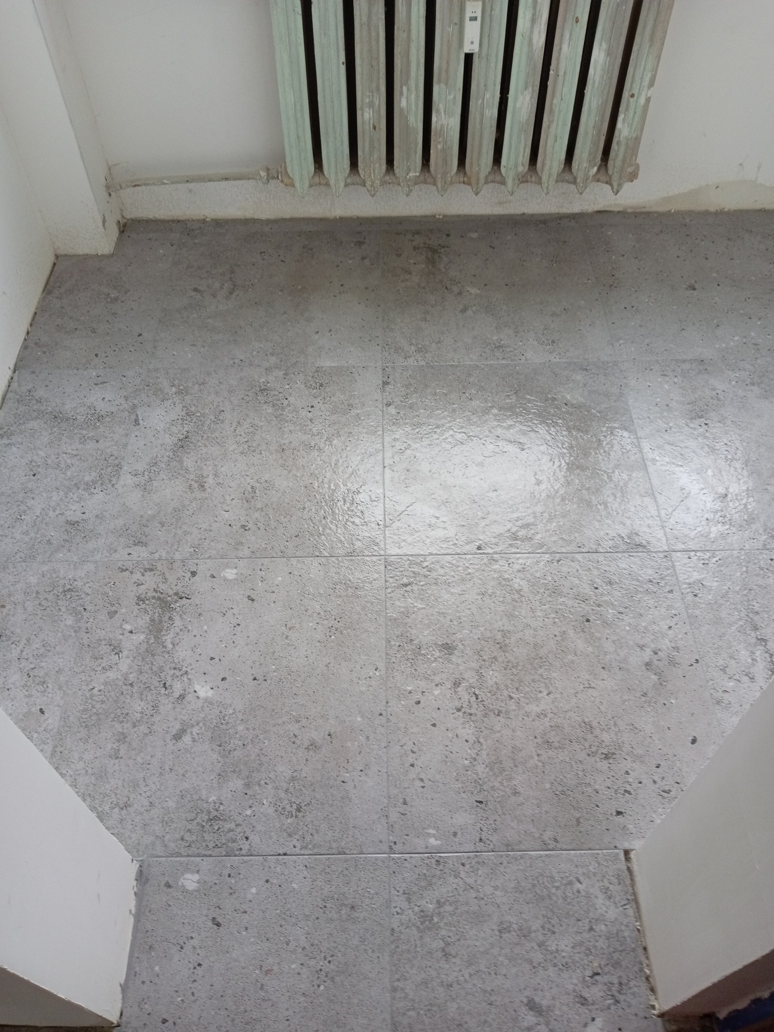 Szare, matowe płytki podłogowe ułożone w kwadraty, widoczne fugi, przy ścianie stary żeliwny grzejnik pomalowany na zielono, fragment futryny drzwiowej.