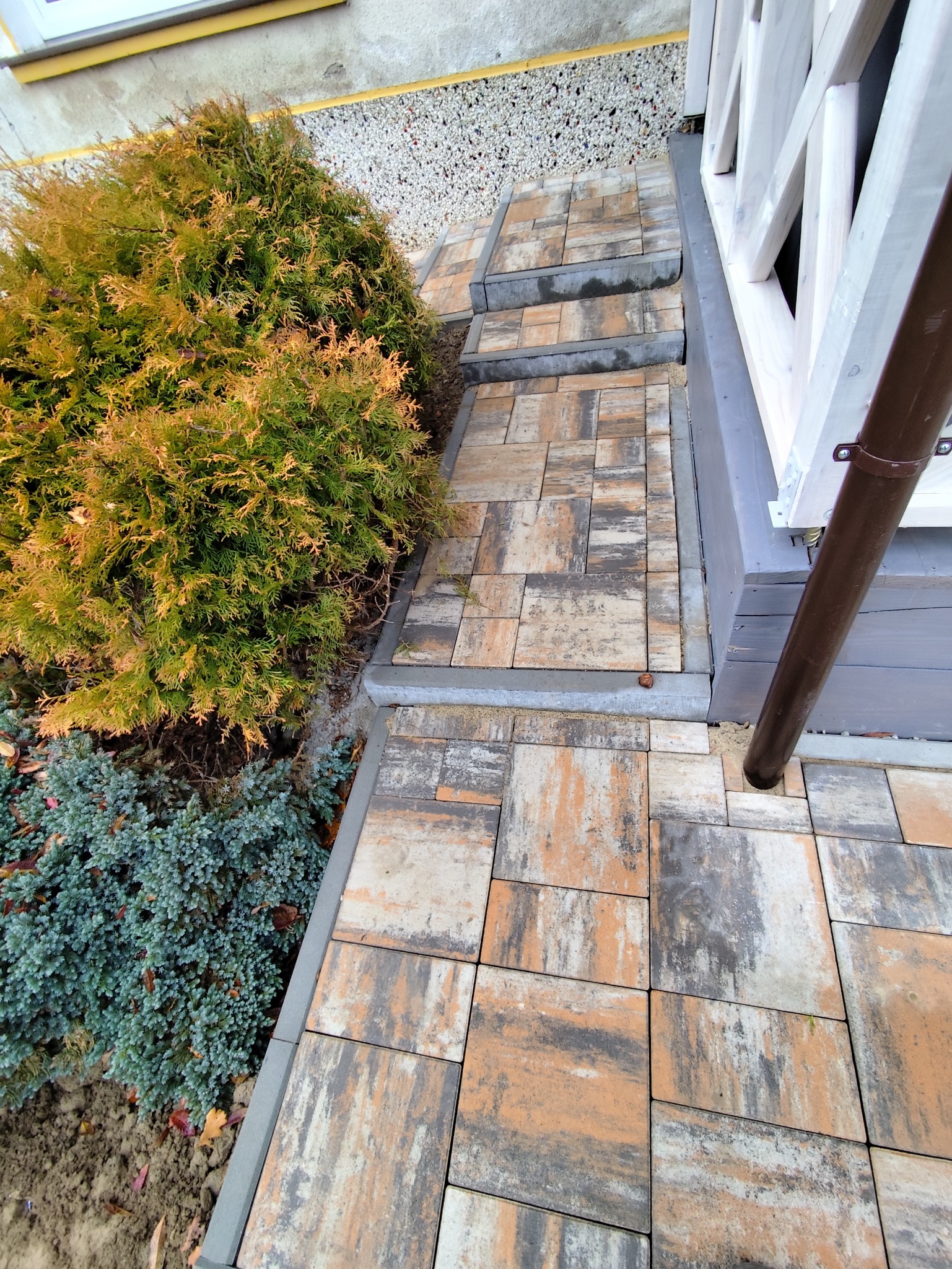 Schody z kostki brukowej o nieregularnym wzorze, prowadzące do wejścia. Obok rosną krzewy ozdobne. Widoczny fragment rynny i drewnianej konstrukcji.