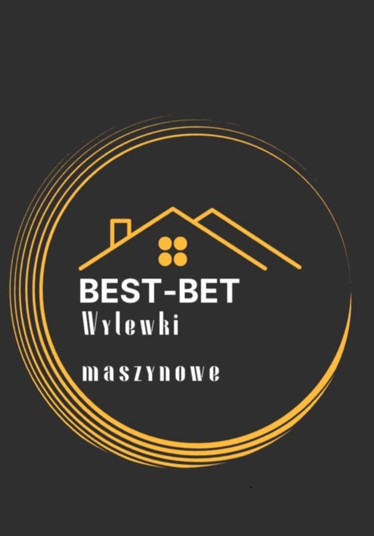 Logo firmy Best-Bet Wylewki Maszynowe na ciemnoszarym tle z motywem domu wewnątrz złotych okręgów.