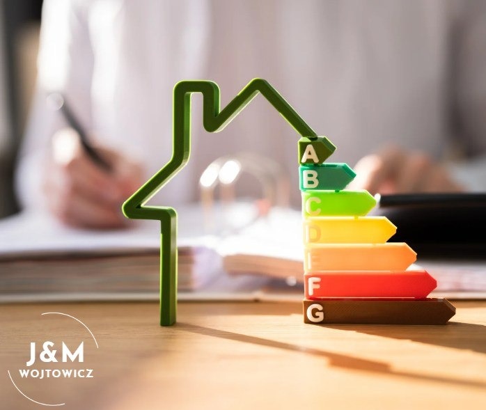 Model domu z kolorową skalą energetyczną A-G na biurku, w tle osoba pisząca. Koncepcja świadectwa energetycznego i efektywności energetycznej budynku.