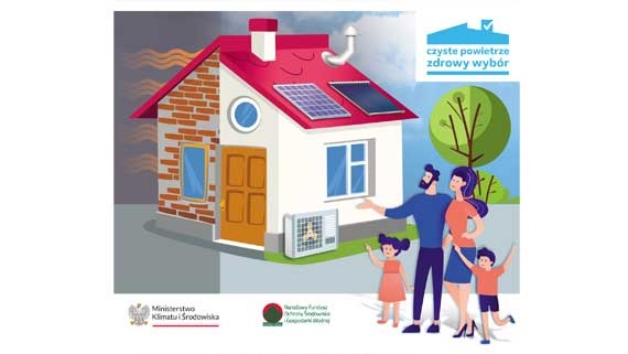 Ilustracja domu z panelami słonecznymi i pompą ciepła, symbolizująca czyste powietrze i zdrowy wybór dla rodziny. Grafika Ministerstwa Klimatu i Środowiska.