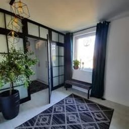 Meble Wręczycki Paweł Wręczycki - Nowoczesny przedpokój z szafą wnękową z czarnymi szprosami, oświetlony lampą w kształcie kostki, z rośliną w donicy i wzorzystym dywanem.