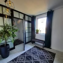 Nowoczesny przedpokój z szafą wnękową z czarnymi szprosami, oświetlony lampą w kształcie kostki, z rośliną w donicy i wzorzystym dywanem.