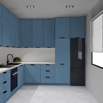 Niebieska kuchnia w kształcie litery L z czarną lodówką i białym blatem, oświetlona od góry. Minimalistyczny design, nowoczesne wykończenie.