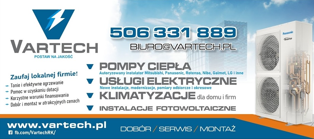 Grafika reklamowa firmy Vartech z numerem telefonu, adresem e-mail i logiem, oferującej usługi pomp ciepła, usługi elektryczne, klimatyzacje oraz instalacje fotowoltaiczne, obok widoczna jednostka...