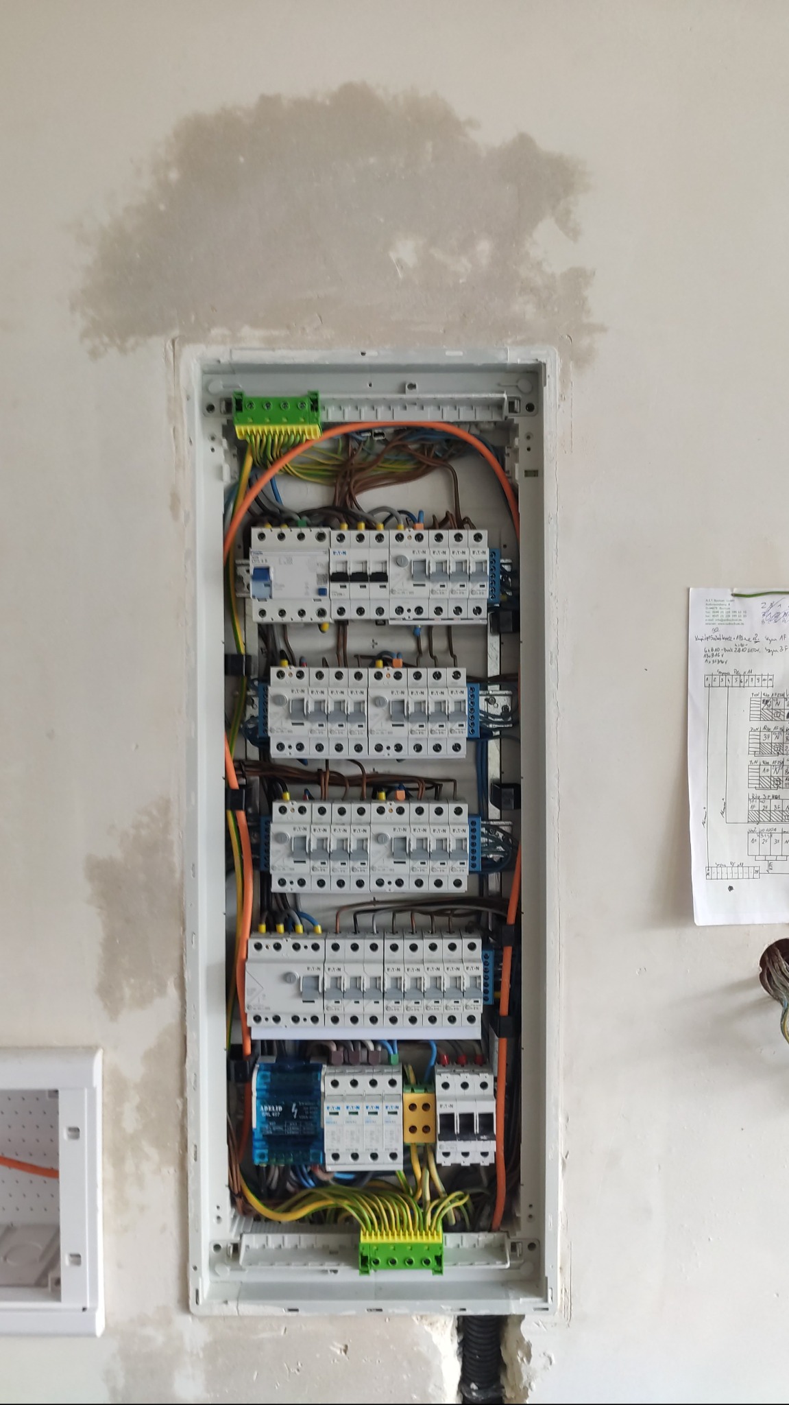 Rozdzielnica elektryczna wnękowa z zamontowanymi bezpiecznikami, przewodami i listwami zaciskowymi, widok z przodu na tle ściany w trakcie wykończenia.