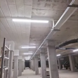 Wnętrze w stanie surowym z widoczną instalacją oświetleniową, korytkami kablowymi pod sufitem i betonowymi kolumnami.