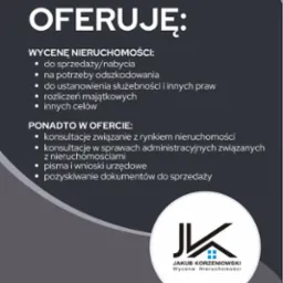 Grafika reklamowa rzeczoznawcy Jakuba Korzeniowskiego oferującego wycenę nieruchomości do sprzedaży, nabycia, odszkodowań, rozliczeń majątkowych i konsultacje związane z rynkiem nieruchomości.