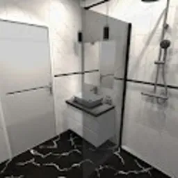 Wizualizacja nowoczesnej łazienki z czarno-białą marmurkową mozaiką na podłodze, białe ściany z czarnymi akcentami, minimalistyczna umywalka z szarą misą, szklany panel prysznicowy i deszczownica