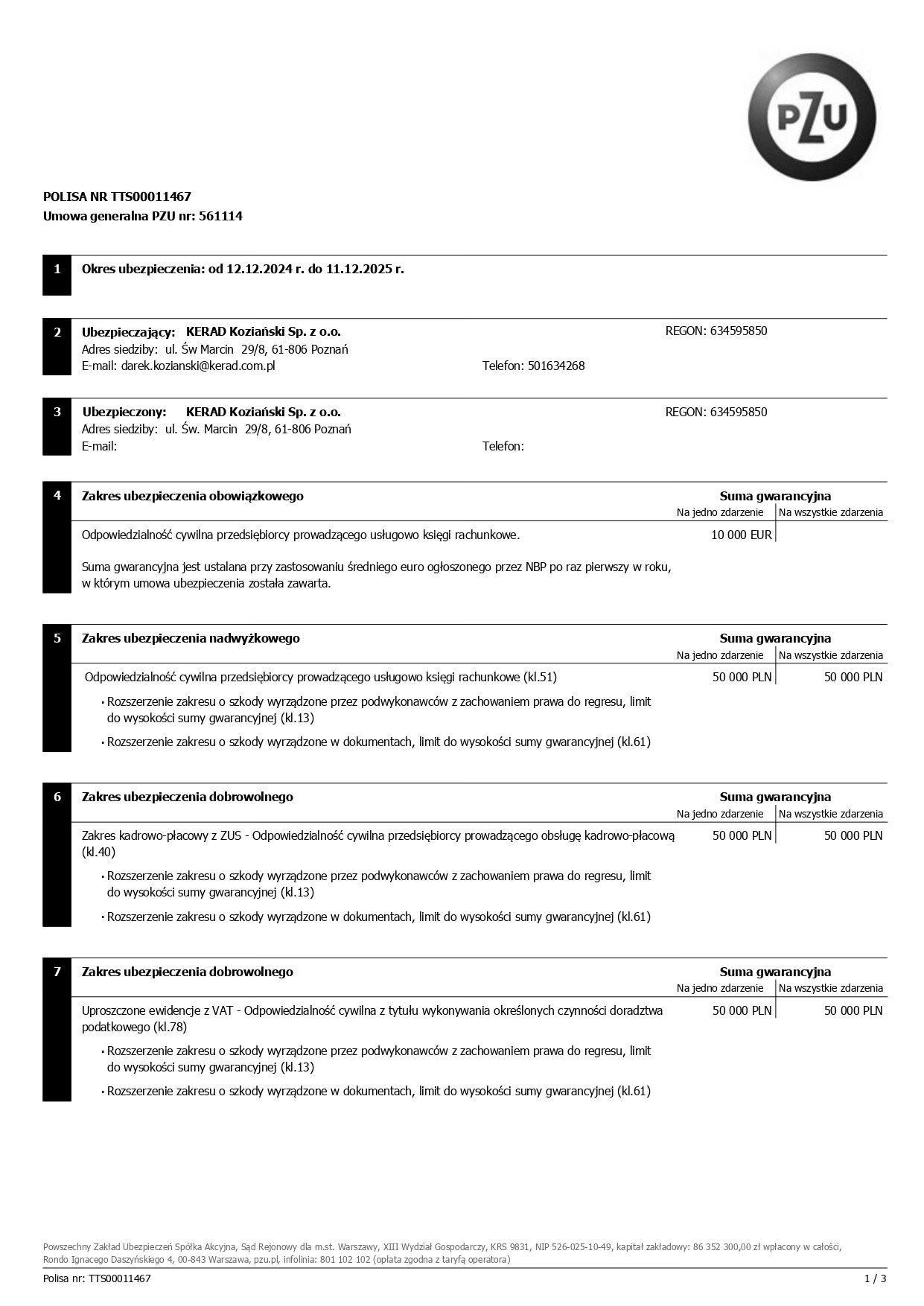 Polisa OC Biura Rachunkowego w okresie 12/2024 do 12/2025