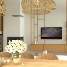 Wizualizacja salonu z drewnianymi elementami: schody, regał, komoda pod telewizorem, lampy wiszące z wikliny, kominek i wazon z białymi kwiatami na stole.