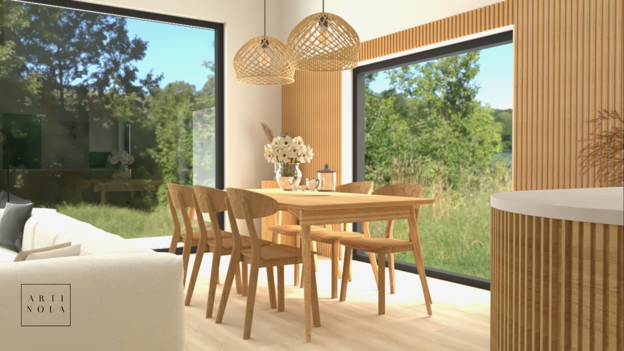Wizualizacja jadalni z drewnianym stołem i krzesłami, plecione lampy wiszące, widok na zieleń za oknem i element sofy z logo w rogu.