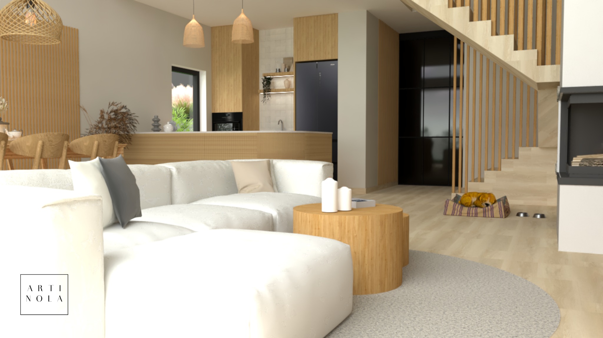 Wizualizacja salonu z białym narożnikiem, okrągłymi stolikami kawowymi z drewna, schodami z drewnianą balustradą i psem śpiącym na legowisku u podnóża schodów.