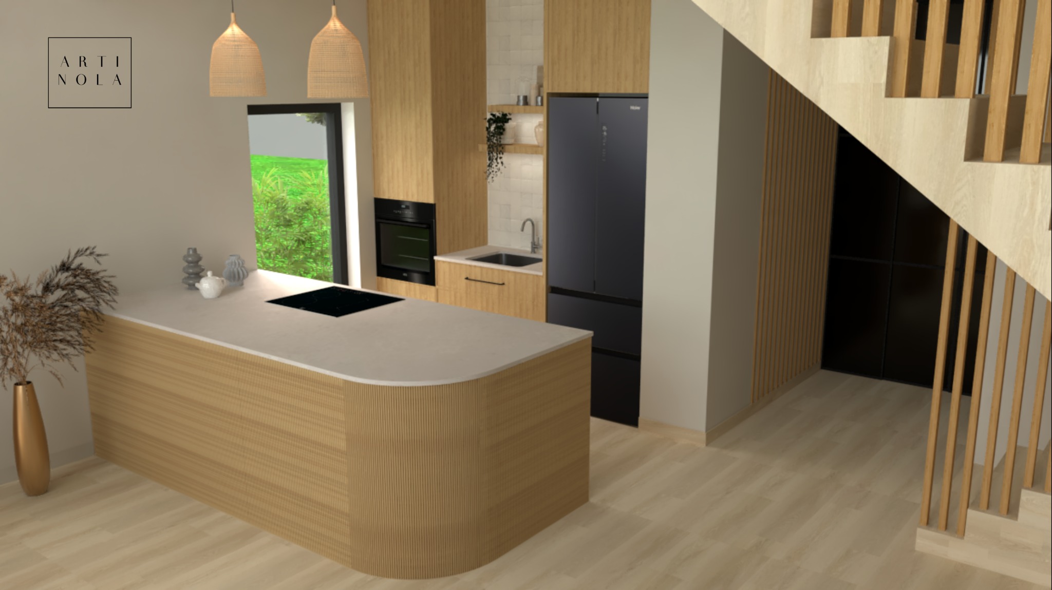 Wizualizacja kuchni z wyspą o zaokrąglonym kształcie, wykończoną drewnianymi lamelami, czarną płytą indukcyjną i dekoracyjnymi wazonami. W tle zabudowa kuchenna z piekarnikiem, zlewem i czarną...