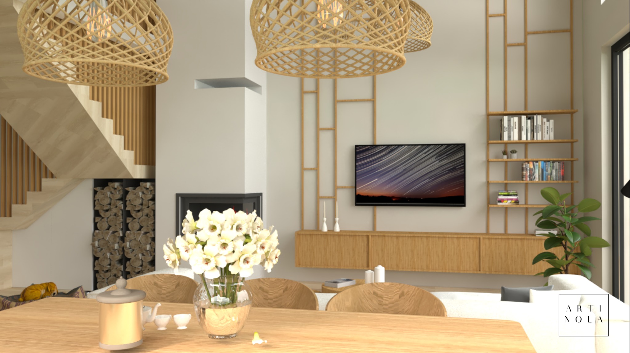 Wizualizacja salonu z drewnianymi elementami: schody, regał, komoda pod telewizorem, lampy wiszące z wikliny, kominek i wazon z białymi kwiatami na stole.