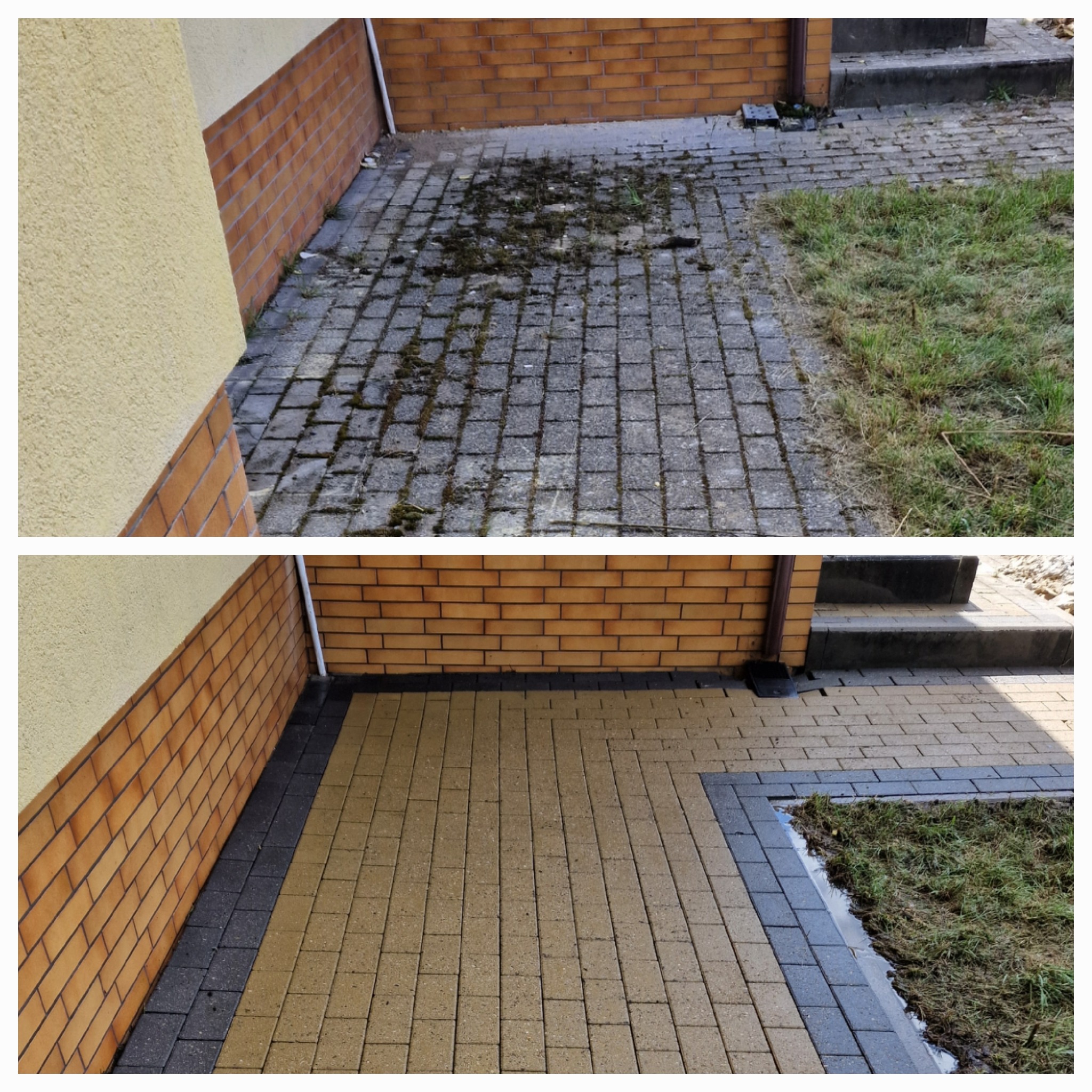 Porównanie stanu kostki brukowej przed i po czyszczeniu: widoczne usunięcie mchu i zabrudzeń, przywrócenie naturalnego koloru kostki, zarys budynku z ceglaną elewacją w tle.