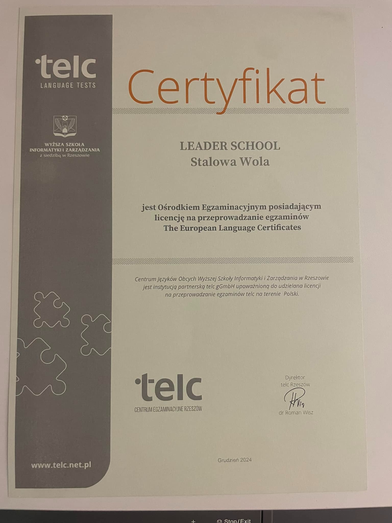 Skan certyfikatu TELC dla szkoły językowej, potwierdzający licencję na przeprowadzanie egzaminów, z logo TELC i podpisem dyrektora oddziału w Rzeszowie.