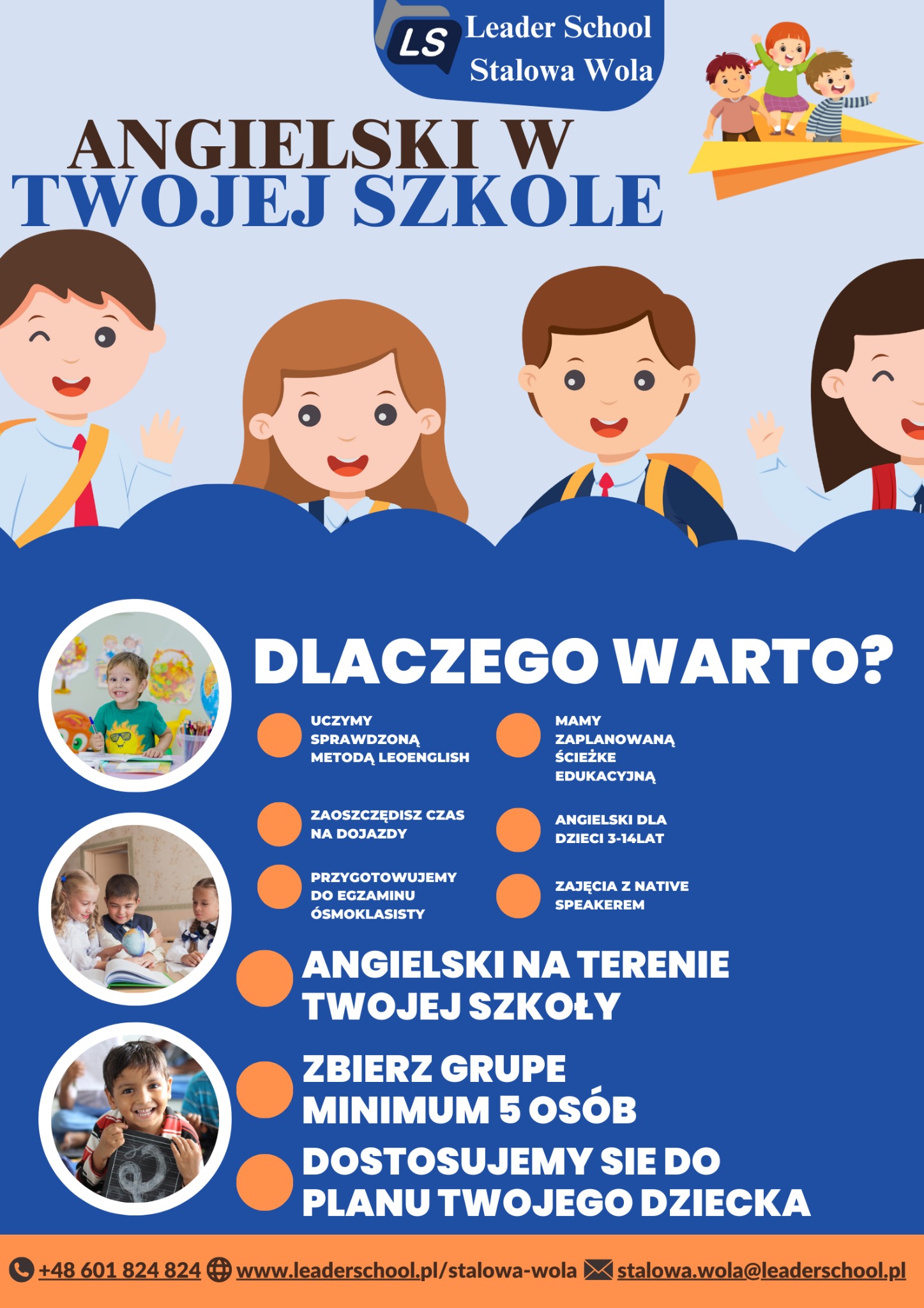 Grafika reklamowa szkoły językowej Leader School Stalowa Wola, oferującej kursy z naciskiem na angielski dla dzieci, z hasłami o metodzie LeoEnglish i zajęciach z native speakerem, oraz informacją...
