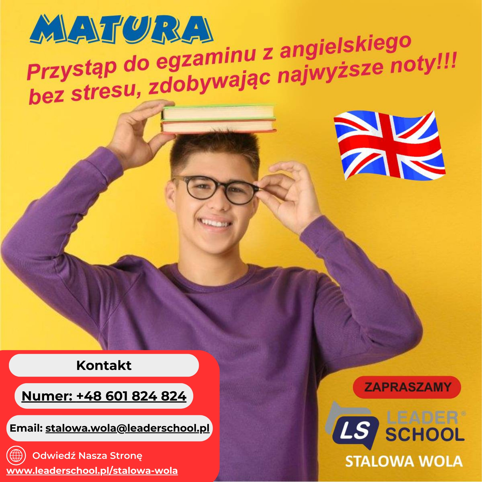 Uśmiechnięty młody mężczyzna w okularach trzymający na głowie dwie książki, w tle żółte tło z napisem 'Matura. Przystąp do egzaminu z angielskiego bez stresu, zdobywając najwyższe noty!!!'...