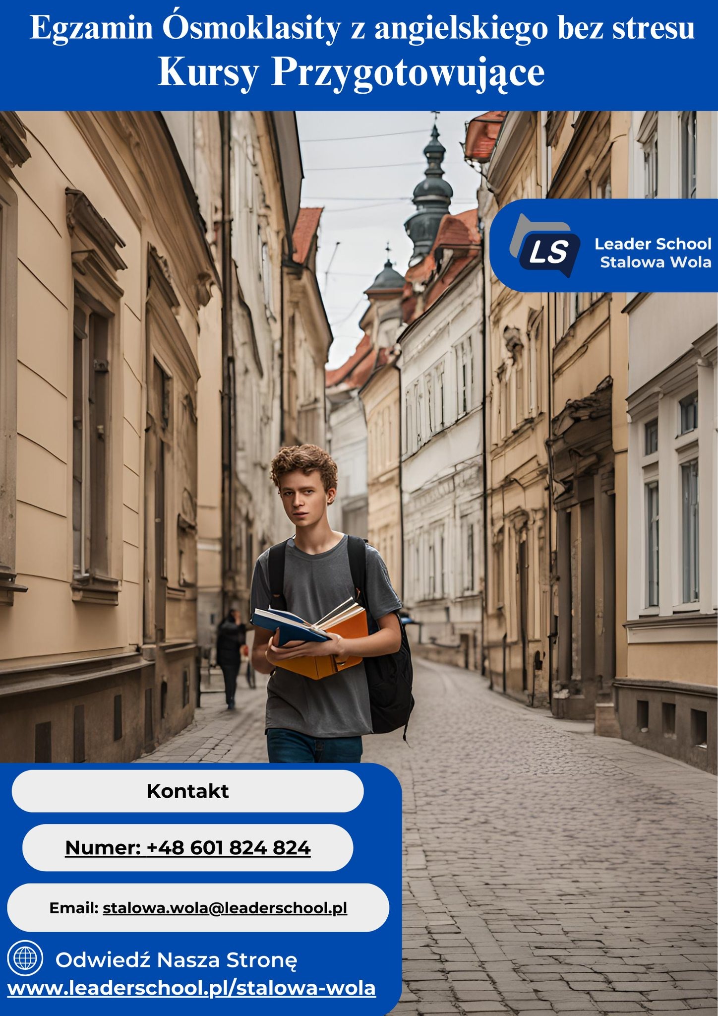 Uczeń z książkami idzie brukowaną ulicą, w tle kamienice i wieża kościelna, na zdjęciu widoczny logotyp szkoły językowej Leader School Stalowa Wola.