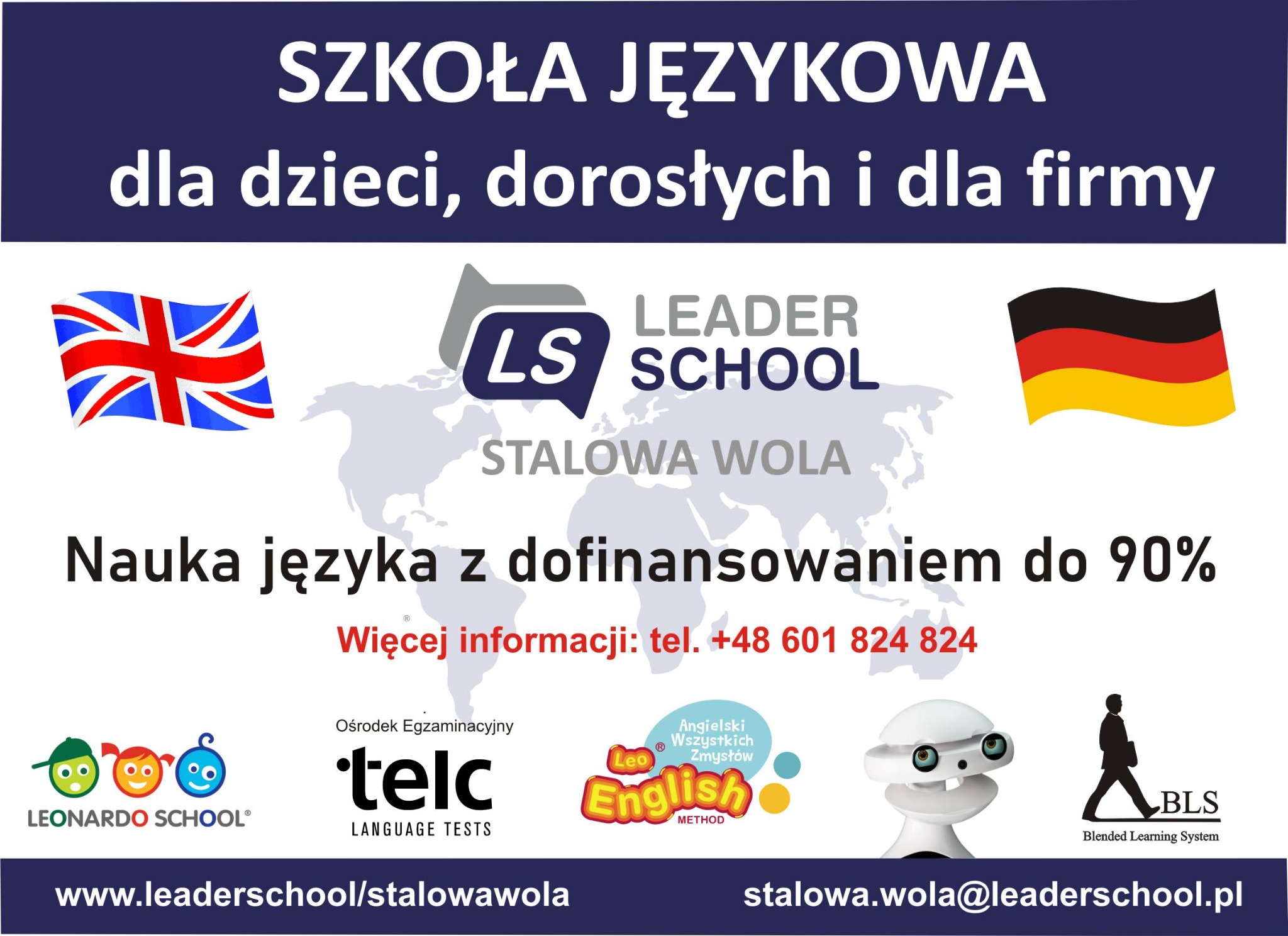 Plakat szkoły językowej Leader School w Stalowej Woli, oferującej naukę języków z dofinansowaniem do 90%, z logotypami i flagami Wielkiej Brytanii i Niemiec.