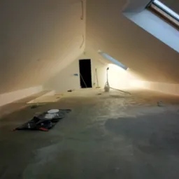 Poddasze w trakcie prac wykończeniowych: szpachlowanie ścian, widoczne okna dachowe, lampa budowlana, narzędzia malarskie na podłodze. Ściany przygotowane do malowania.