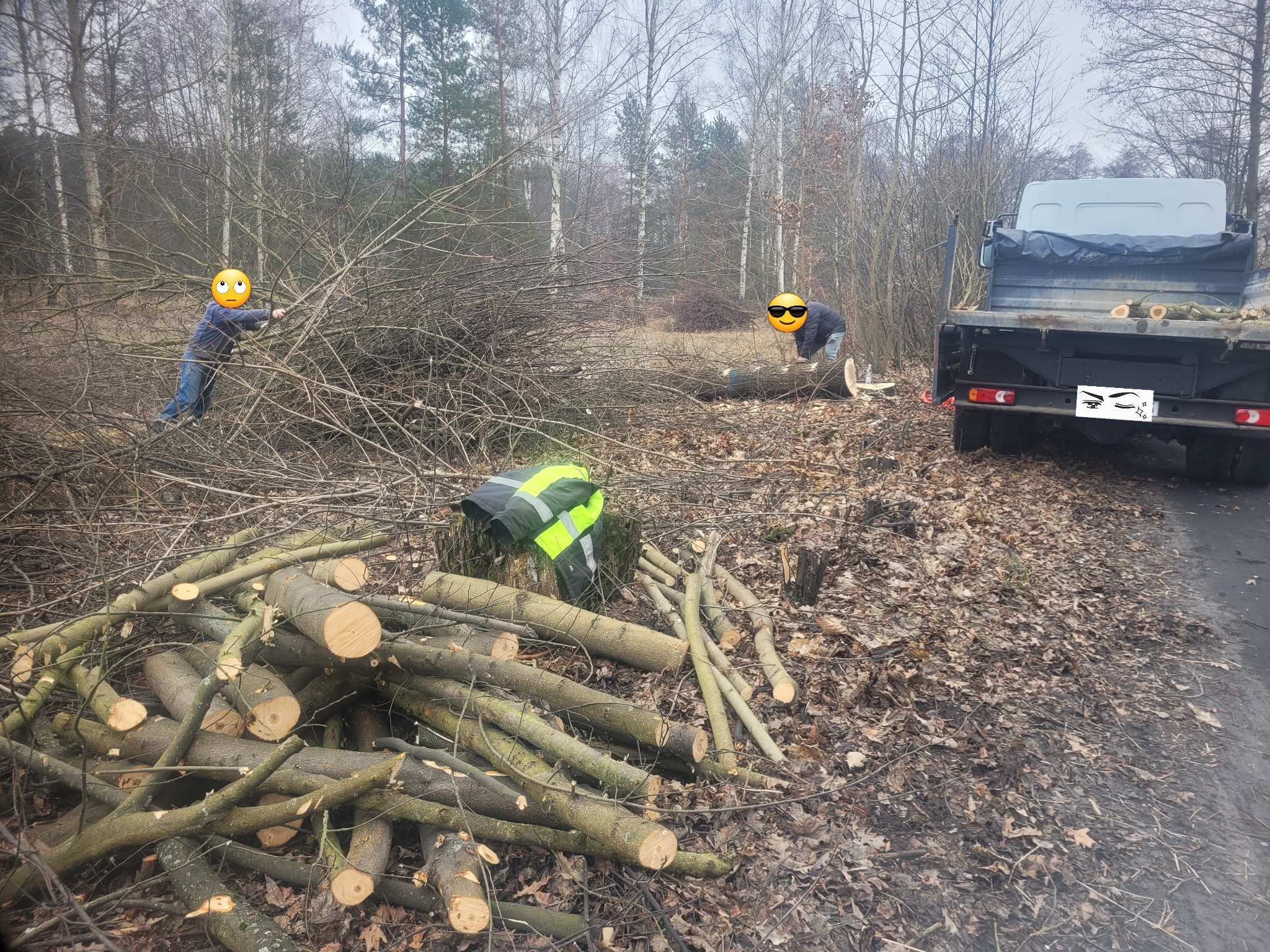 Dwóch mężczyzn w lesie tnie gałęzie i drzewa, jeden układa je na przyczepie ciężarówki, drugi tnie piłą, na pierwszym planie sterta pociętych gałęzi i odblaskowa kamizelka leżąca na pniu.