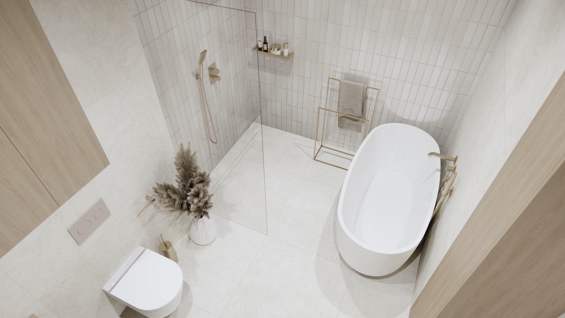 Nowoczesna łazienka z wolnostojącą białą wanną, kabiną prysznicową typu walk-in, wiszącą toaletą i beżowymi płytkami na ścianach, uzupełniona dekoracyjną trawą pampasową w białym wazonie.