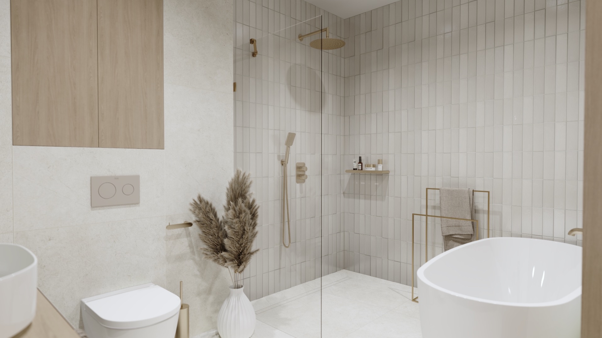 Nowoczesna łazienka z kabiną prysznicową typu walk-in, białą armaturą i złotymi akcentami, wazon z suszonymi trawami jako element dekoracyjny.
