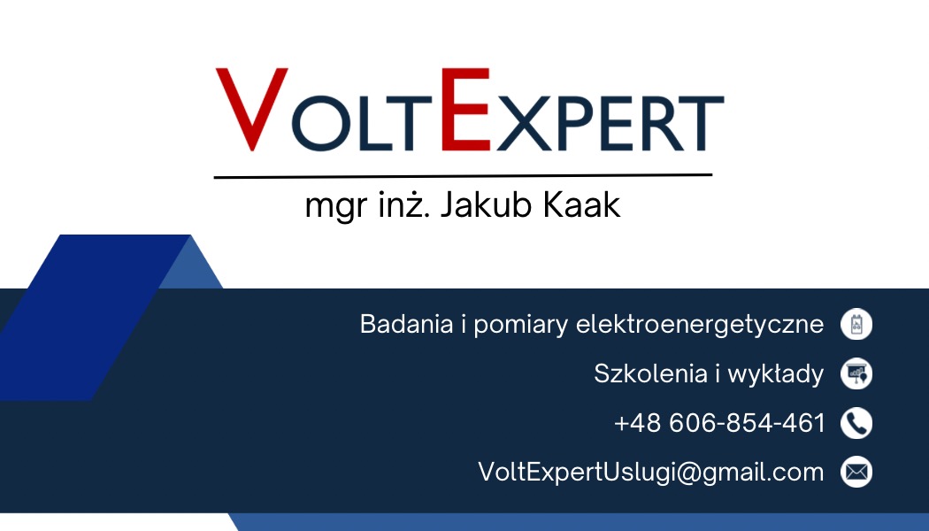 Wizytówka firmy VoltExpert z imieniem mgr inż. Jakub Kaak, oferującej badania i pomiary elektroenergetyczne, szkolenia i wykłady, z podanym numerem telefonu i adresem e-mail.