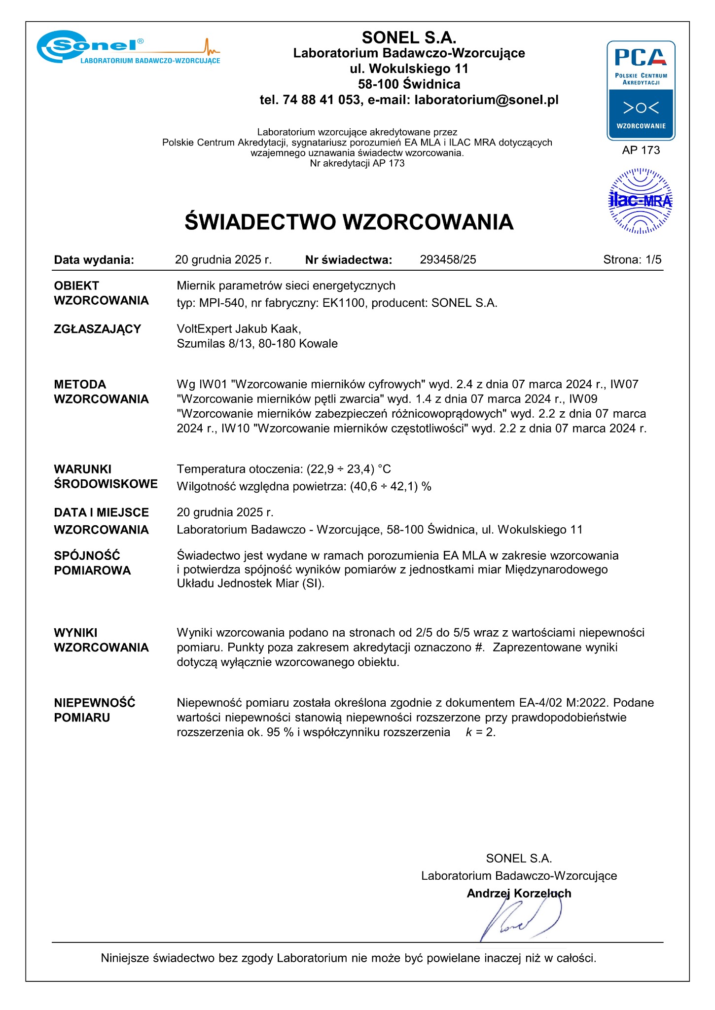 Skan świadectwa wzorcowania miernika parametrów sieci energetycznych MPI-540, wydanego przez Laboratorium Badawczo-Wzorcujące SONEL S.A. w Świdnicy.