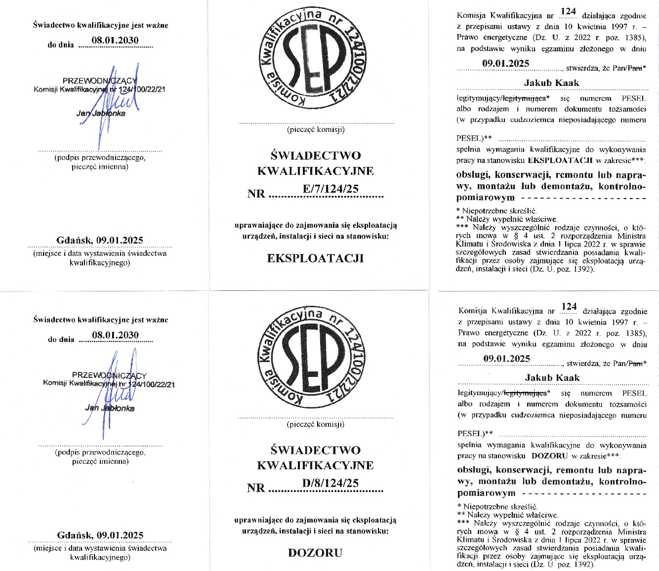 Skan dokumentów: Świadectwa Kwalifikacyjne SEP (Eksploatacja i Dozór) z pieczęciami i podpisami, potwierdzające uprawnienia do pracy przy urządzeniach, instalacjach i sieciach.