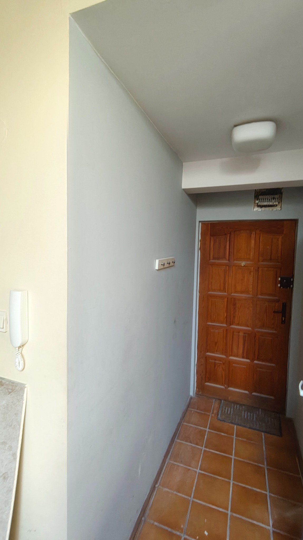 Korytarz po odświeżeniu: ściany pomalowane na szaro, widoczny fragment jasnej ściany, brązowe płytki na podłodze i drewniane drzwi wejściowe.