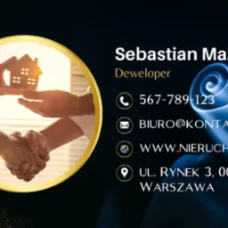 Wizytówka dewelopera Sebastian Maziarz z motywem uścisku dłoni i przekazania modelu domu w złotym okręgu.