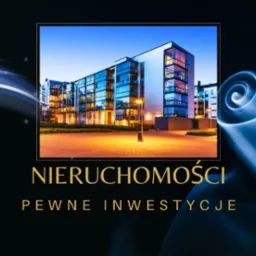 Grafika reklamowa z nowoczesnym budynkiem mieszkalnym oświetlonym nocą, na ciemnym tle z abstrakcyjnymi, błękitnymi wzorami i napisem 'Nieruchomości Pewne Inwestycje'.